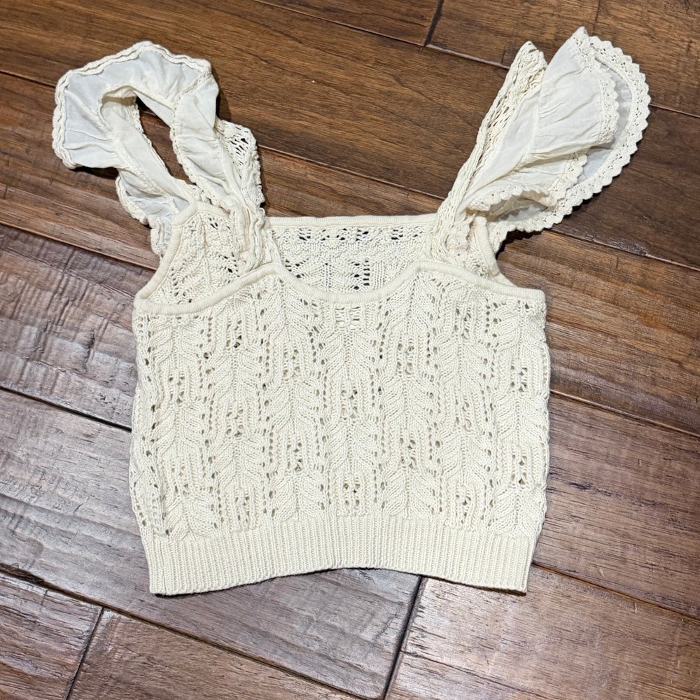 Anthropologie Ruffled Garden Crochet Knit Tank Cream Square Neck Pointelle XS - Picture 7 of 9